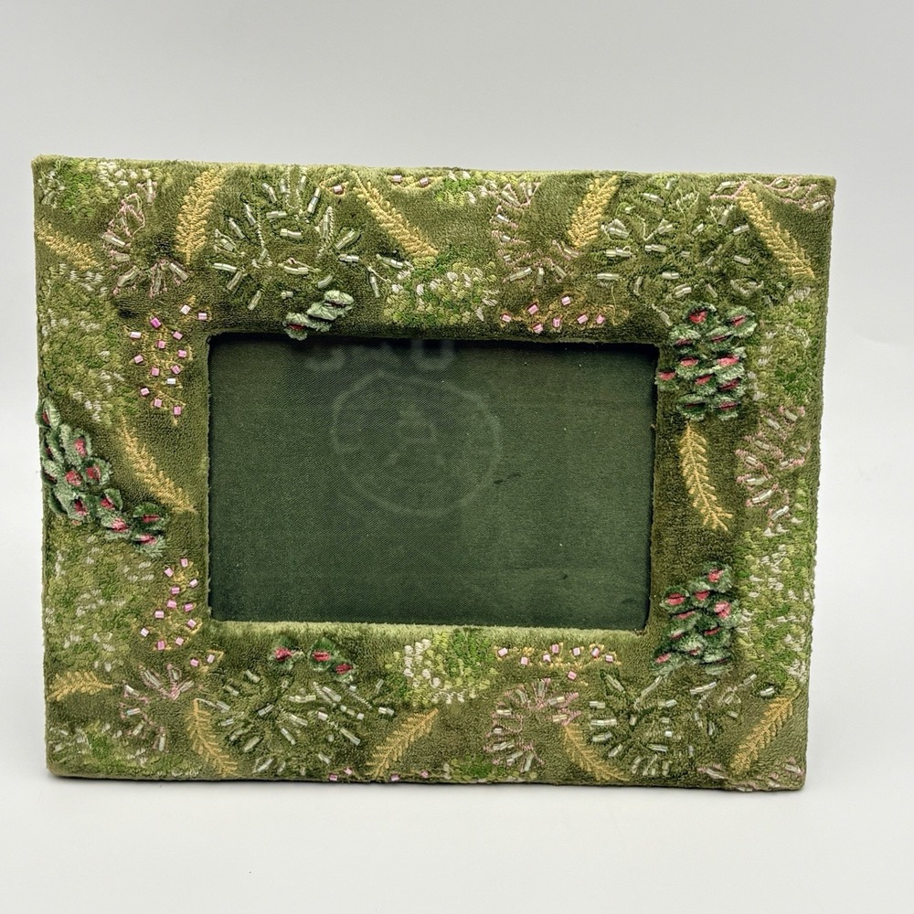 Velvet Beaded Picture Frame Green Floral Garden Embroidered Cottagecore 5x7